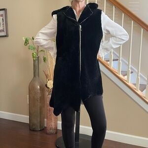 Italian Handmade Sheepskin Full Zip Vest Asymmetrical Hem and Hoodie Size XS / S